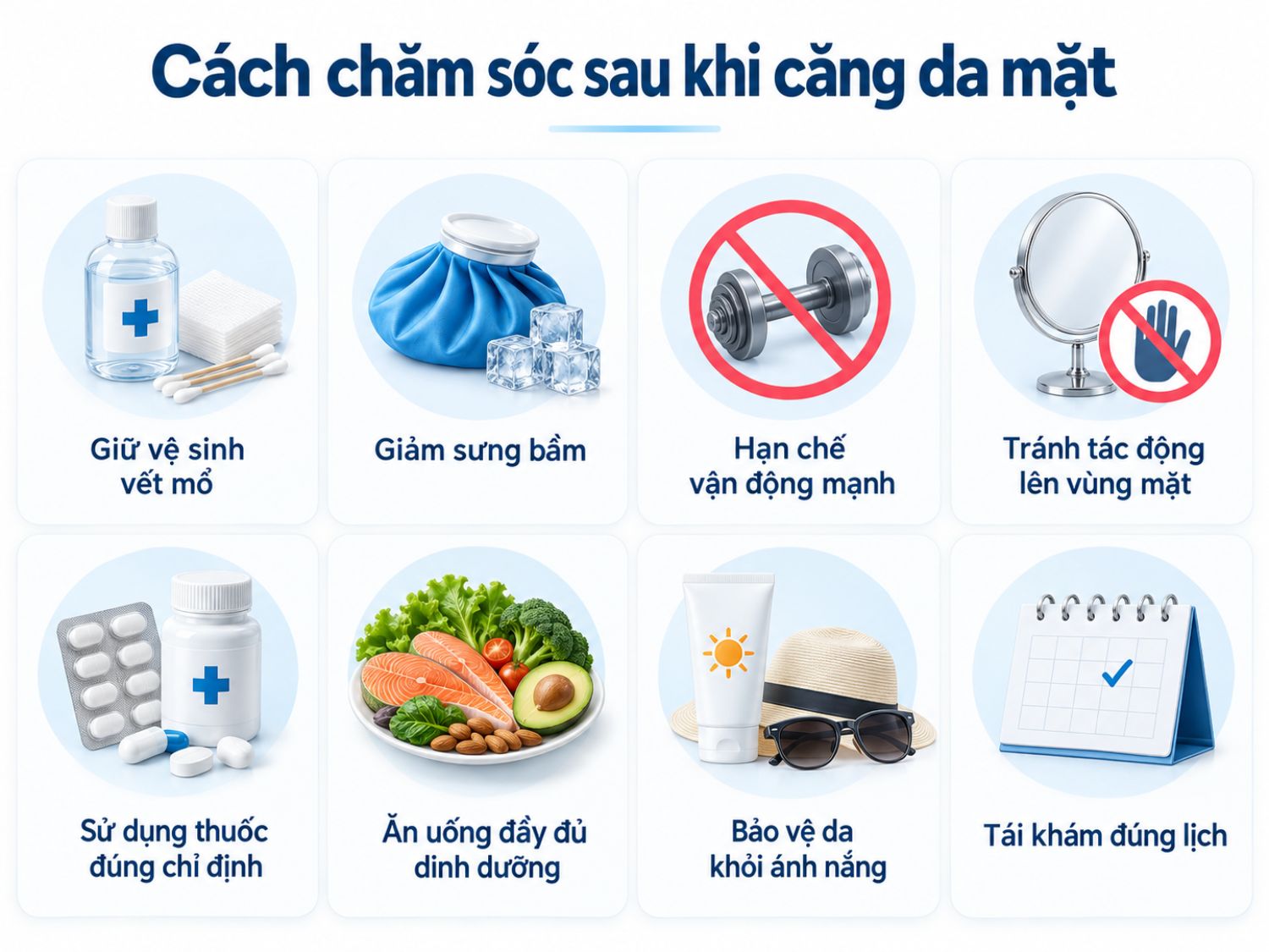 Sau phẫu thuật căng da mặt, người bệnh cần giữ vệ sinh vết mổ, kiểm soát sưng bầm theo hướng dẫn, hạn chế vận động mạnh và tránh tác động lên vùng mặt. Đồng thời, cần sử dụng thuốc đúng chỉ định, bổ sung dinh dưỡng, bảo vệ da khỏi ánh nắng và tái khám đúng lịch để hỗ trợ quá trình hồi phục.
