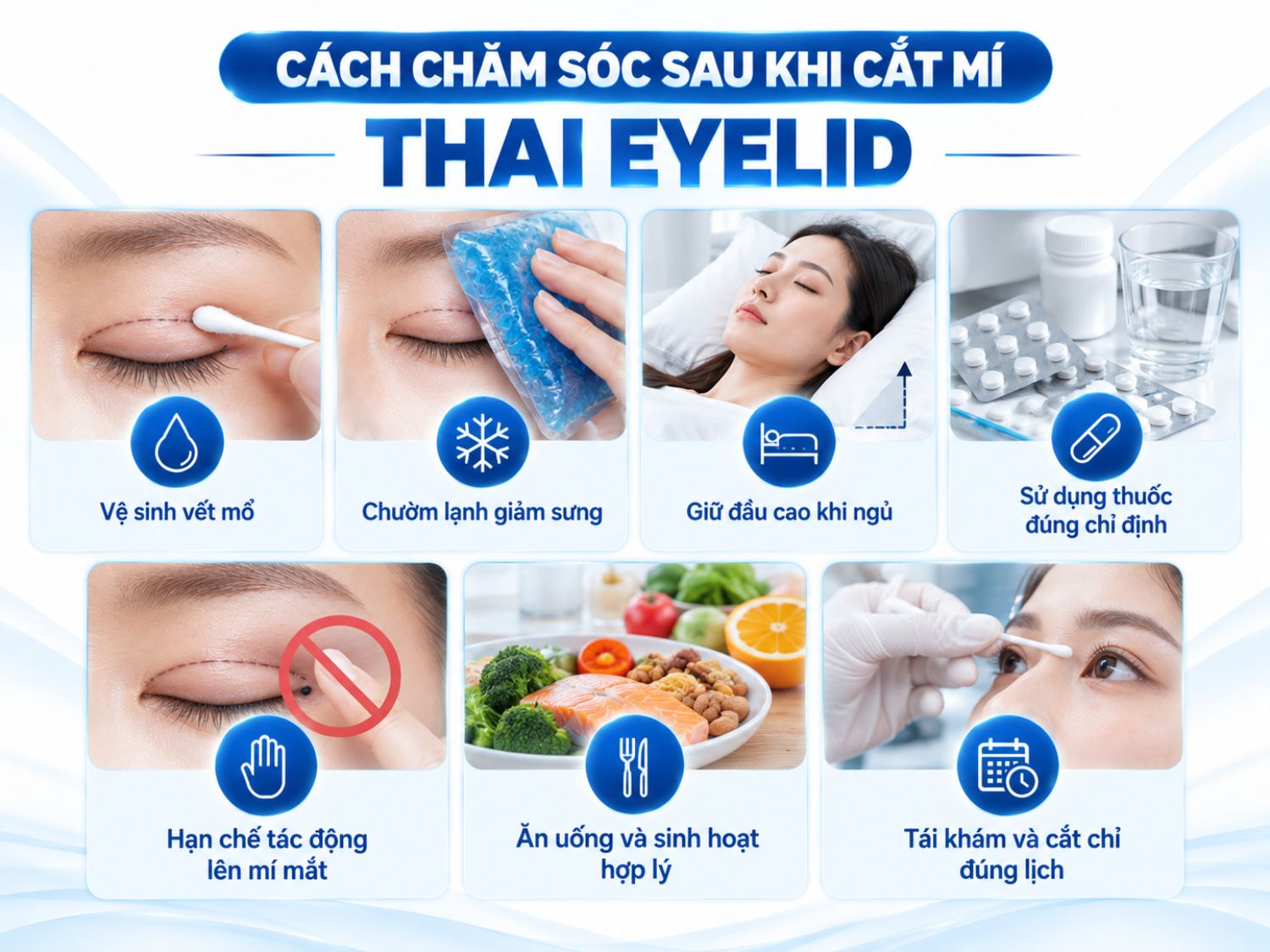 Sau cắt mí Thai Eyelid, khách hàng cần vệ sinh vết mổ đúng hướng dẫn, chườm lạnh phù hợp, giữ đầu cao khi ngủ, sử dụng thuốc theo chỉ định và hạn chế tác động lên vùng mí. Đồng thời, cần duy trì chế độ sinh hoạt hợp lý, tái khám và cắt chỉ theo lịch hẹn của bác sĩ.