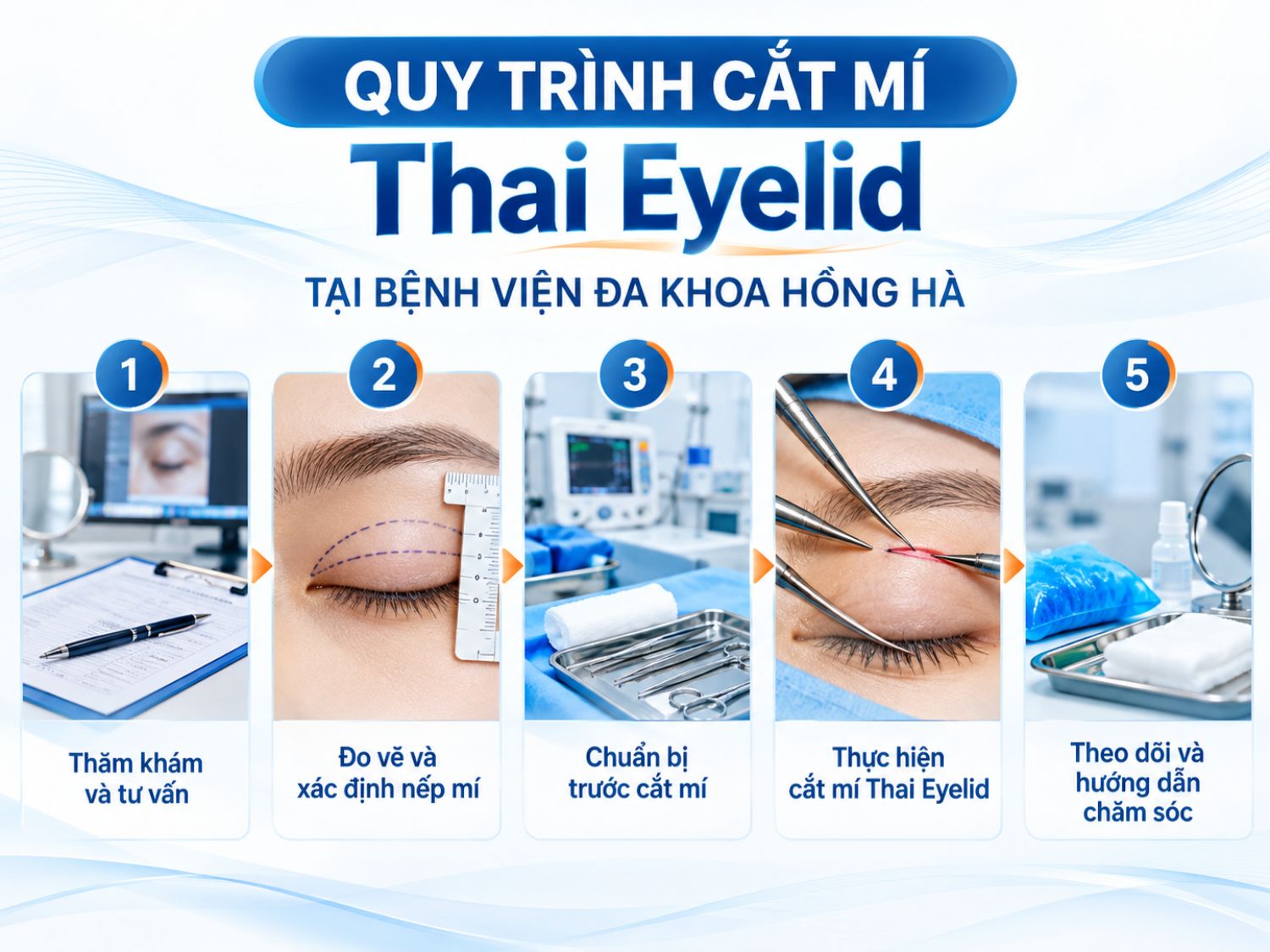 Quy trình cắt mí Thai Eyelid tại Bệnh viện Đa khoa Hồng Hà gồm 5 bước: thăm khám, đo vẽ nếp mí, chuẩn bị trước phẫu thuật, thực hiện cắt mí và hướng dẫn chăm sóc sau phẫu thuật.