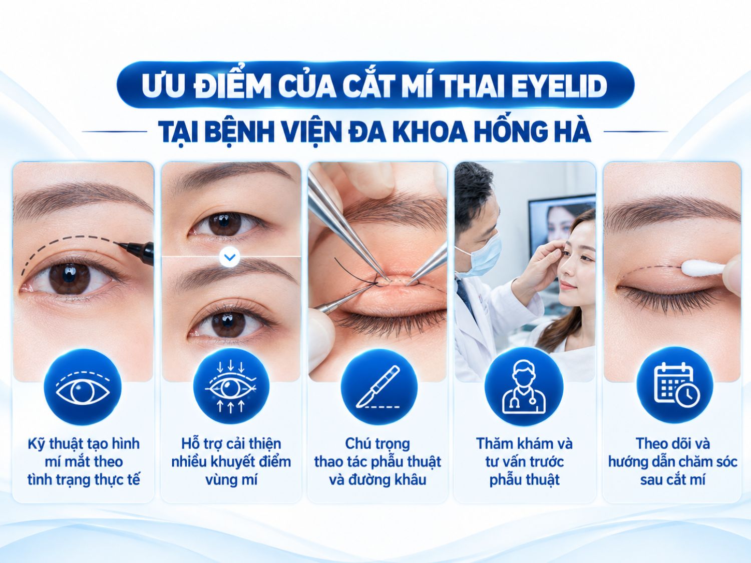 Cắt mí Thai Eyelid là phương pháp tạo hình mí mắt, giúp điều chỉnh da chùng, mỡ thừa và tạo nếp mí rõ hơn khi có chỉ định phù hợp. Tại Bệnh viện Đa khoa Hồng Hà, khách hàng được bác sĩ thăm khám tình trạng mí mắt, đánh giá đặc điểm vùng mắt và tư vấn phương án tạo hình phù hợp với khuôn mặt, nhu cầu thẩm mỹ và điều kiện sức khỏe.