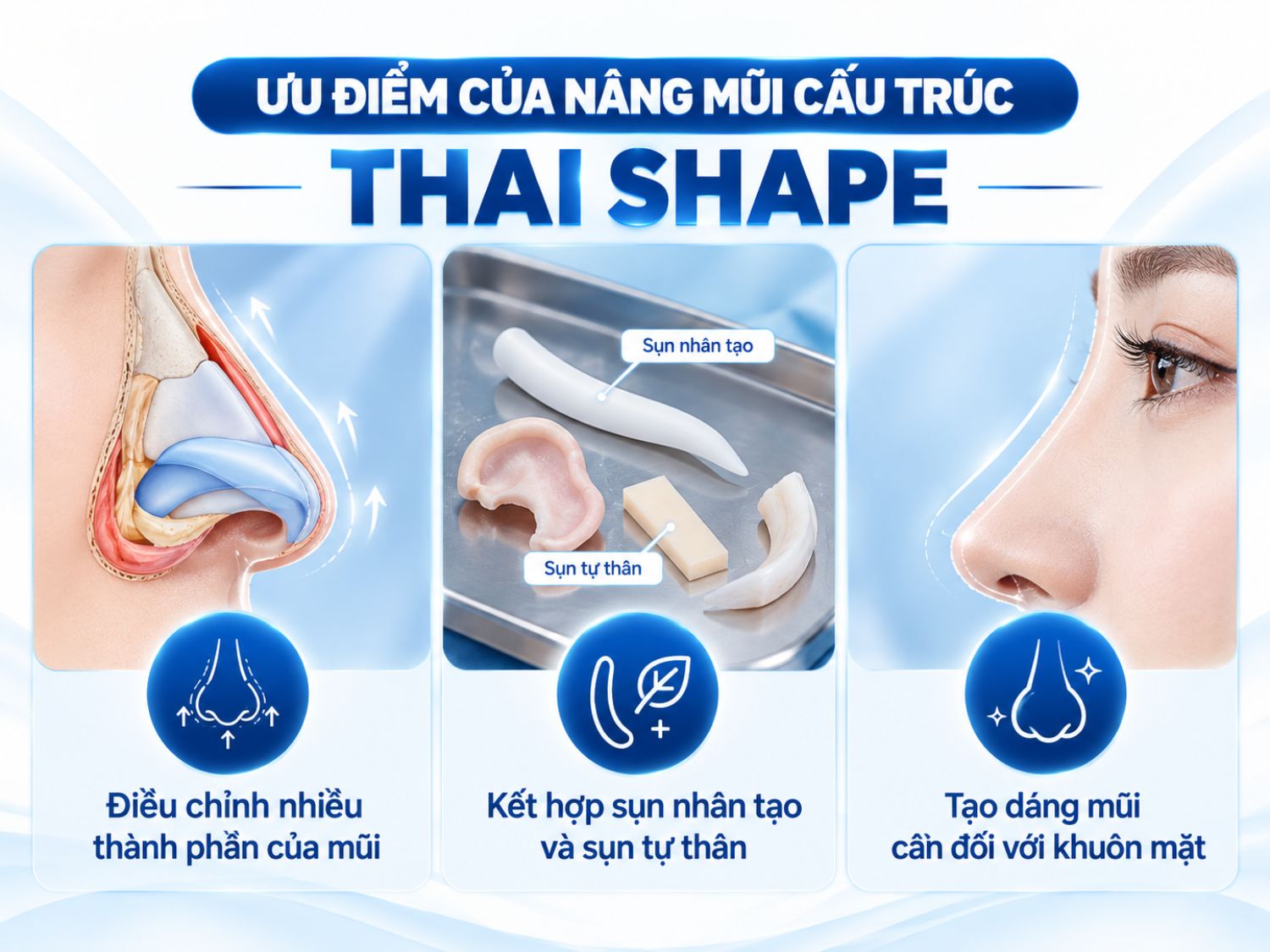 Nâng mũi cấu trúc Thai Shape cho phép điều chỉnh nhiều thành phần của mũi, kết hợp vật liệu sụn nhân tạo và sụn tự thân theo chỉ định, giúp cải thiện hình dáng mũi và tạo sự hài hòa với tổng thể khuôn mặt.