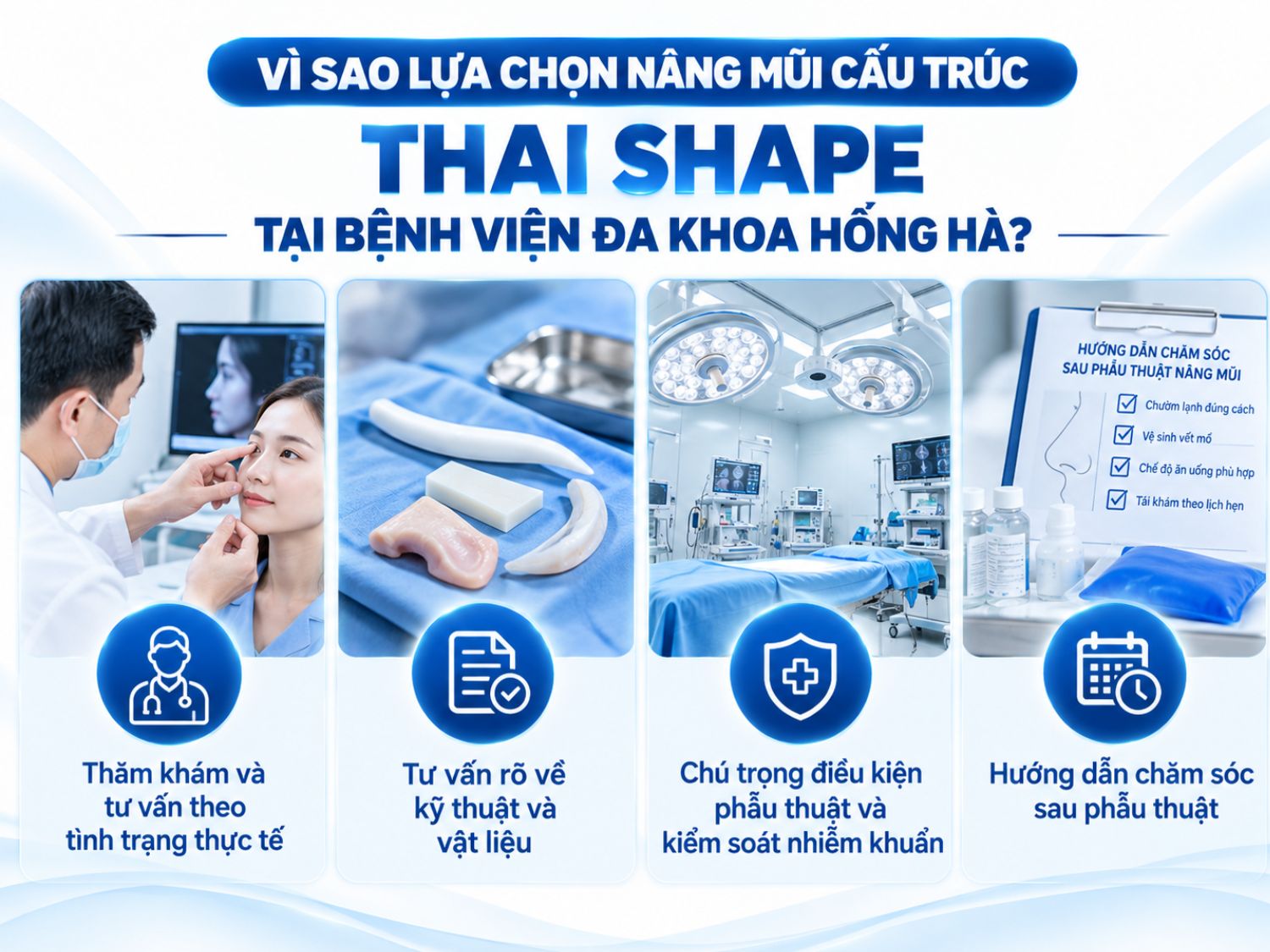 Bệnh viện Đa khoa Hồng Hà chú trọng thăm khám và tư vấn phương án nâng mũi Thai Shape theo tình trạng thực tế, giải thích rõ kỹ thuật và vật liệu sử dụng, đồng thời quan tâm đến điều kiện phẫu thuật, kiểm soát nhiễm khuẩn và hướng dẫn chăm sóc sau phẫu thuật.